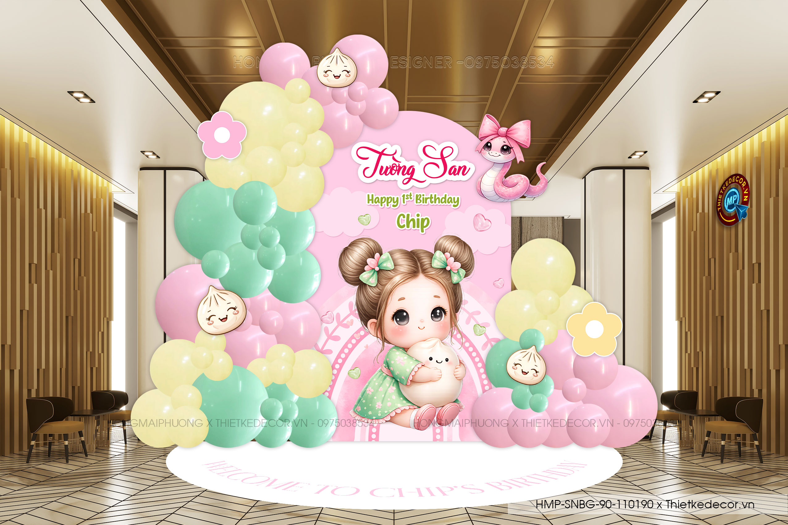 File thiết kế sinh nhật bé gái tone hồng-xanh lá cho bé tên Bánh Bao dễ thương đáng yêu cute sang trọng.